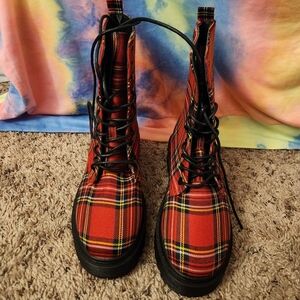Red Plaid Lace-Up Boots